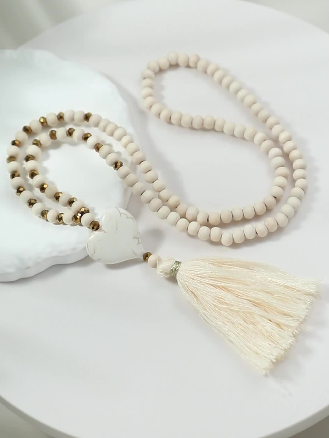 Esther | Long Y-Shaped Necklace with Turquoise Heart, Wooden Beads, and Bohemian Tassel