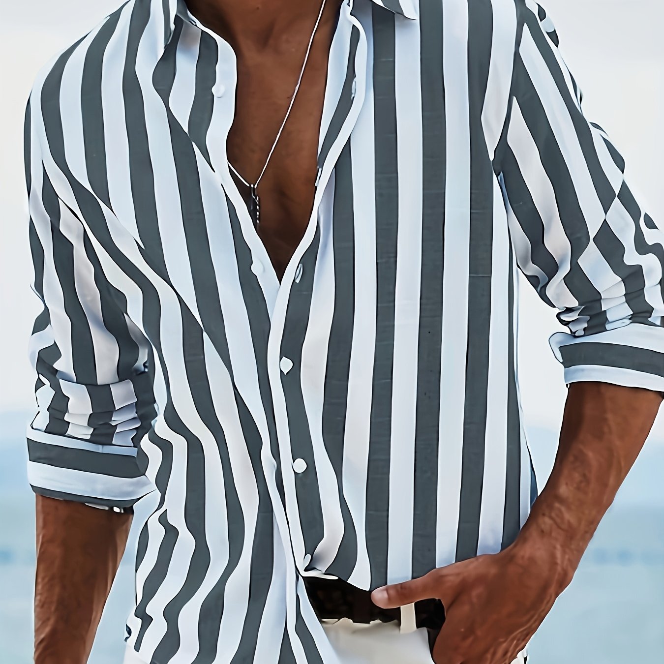 Kervik™ Men's Long Sleeve Tropical Shirt with Stripes and Classic Collar