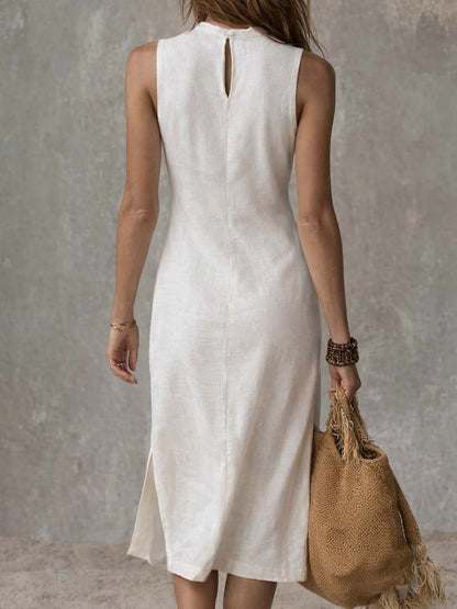 Brivyn |Cotton and Linen Midi Dress with High Neck and Open Hem