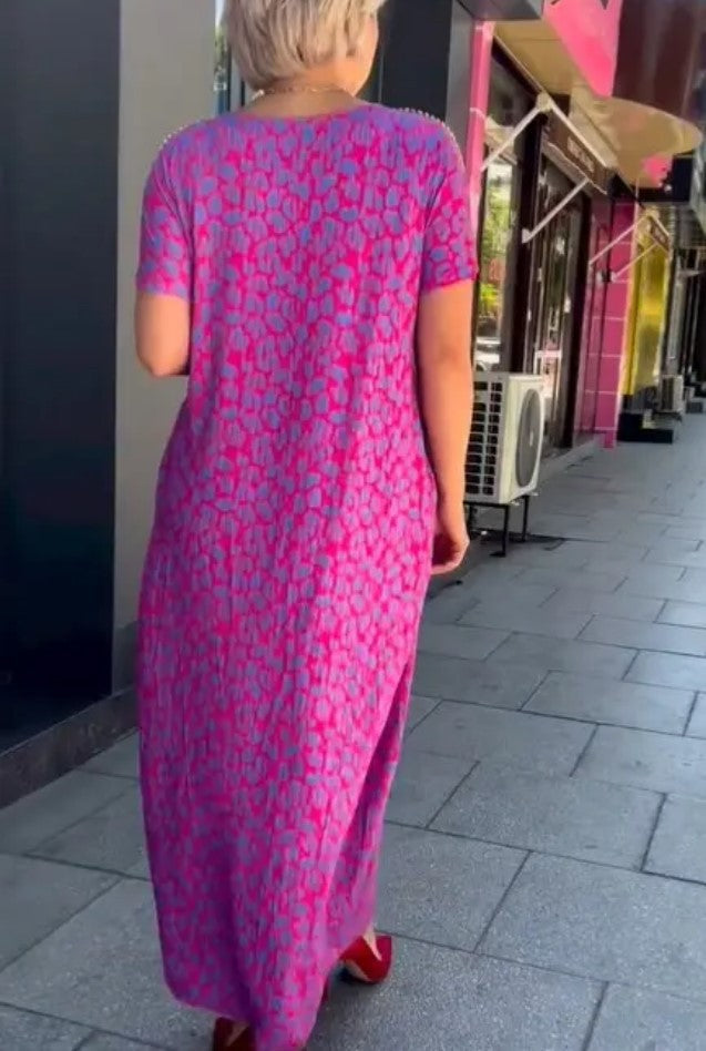 Leni™ Pink and Purple Floral Print Dress with Diamond Neckline