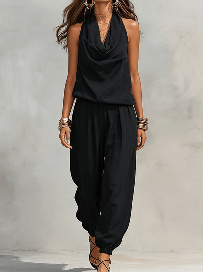 Allegra | Halter Neck Top and Wide Leg Pant Set with Linen Texture