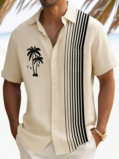 Javroni™ Men's Tropical Shirt with Palm and Stripe Print