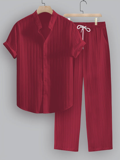 Kavaroq™ Men's Summer Set with Mao Collar Shirt and Drawstring Pants