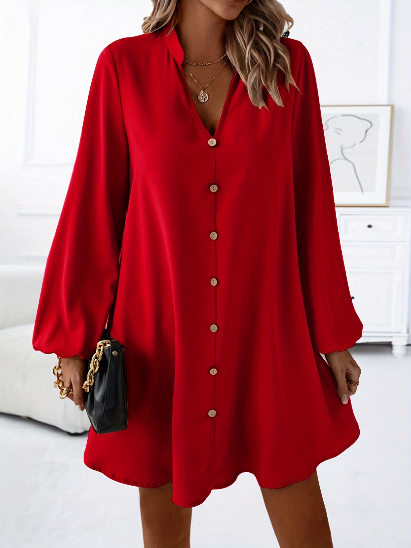 Faria™ Elegant Long Sleeve V-Neck Dress