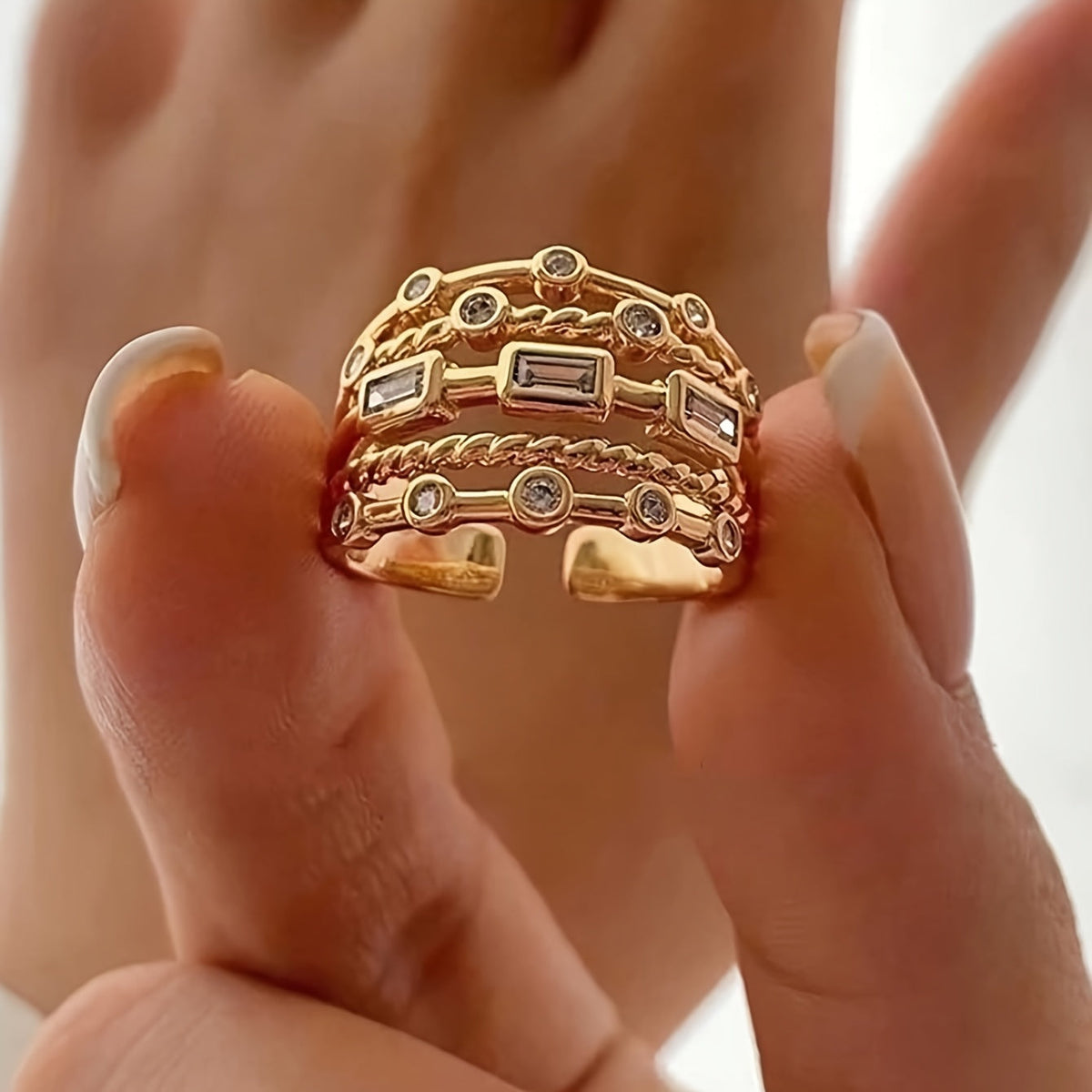 Camellia | Multilayer Geometric Ring with Braided Design and Bohemian Style