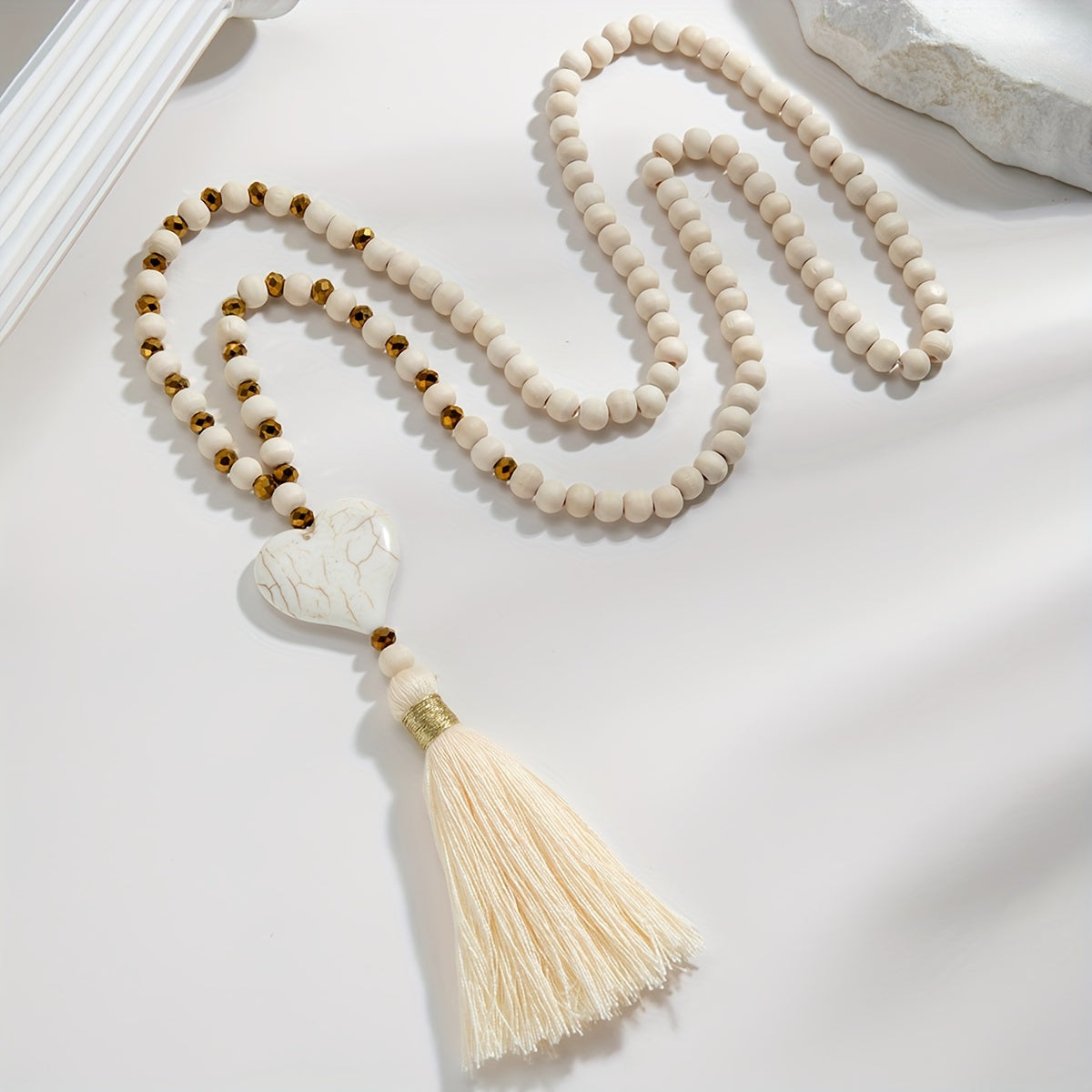 Esther | Long Y-Shaped Necklace with Turquoise Heart, Wooden Beads, and Bohemian Tassel
