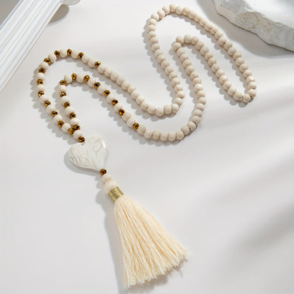 Esther | Long Y-Shaped Necklace with Turquoise Heart, Wooden Beads, and Bohemian Tassel