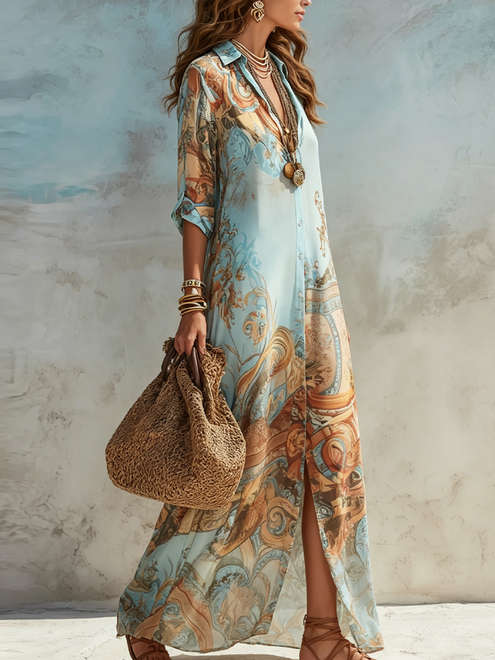 Bellune™ Blue Chiffon Maxi Dress in Baroque Style with Flowers