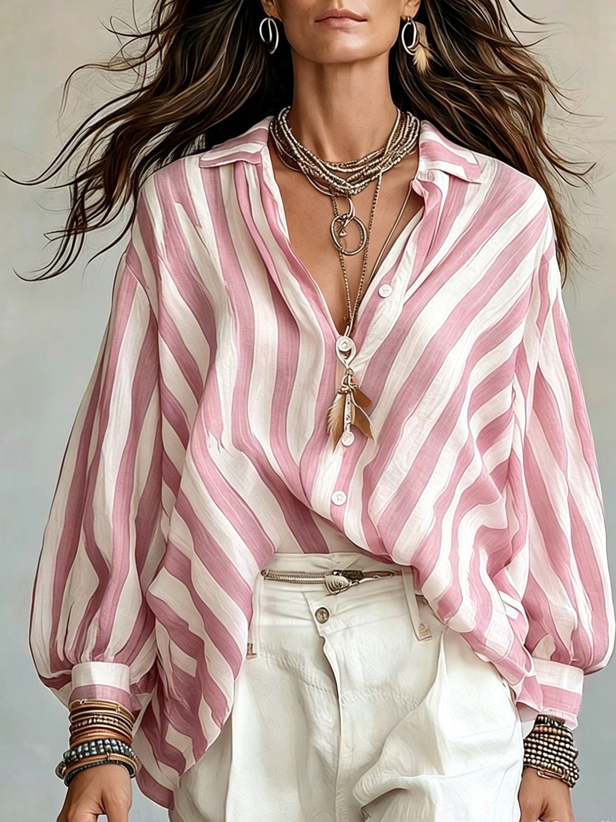 Rosetta | Women's Retro Striped Long Sleeve Shirt, Loose Vacation Style, Casual Beach Top