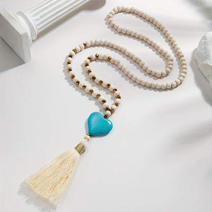 Esther | Long Y-Shaped Necklace with Turquoise Heart, Wooden Beads, and Bohemian Tassel