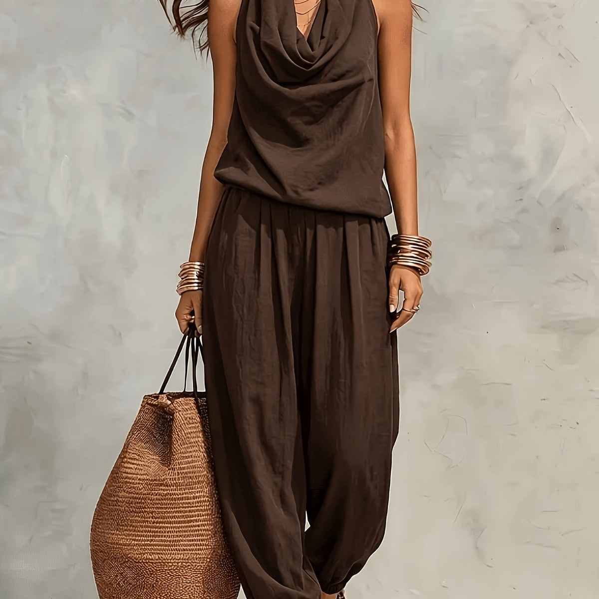 Allegra | Halter Neck Top and Wide Leg Pant Set with Linen Texture