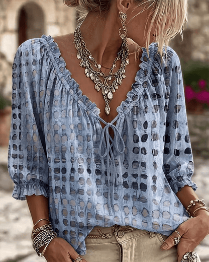 Paige | Polka Dot Blouse with Adjustable V-Neck and 3/4 Sleeves