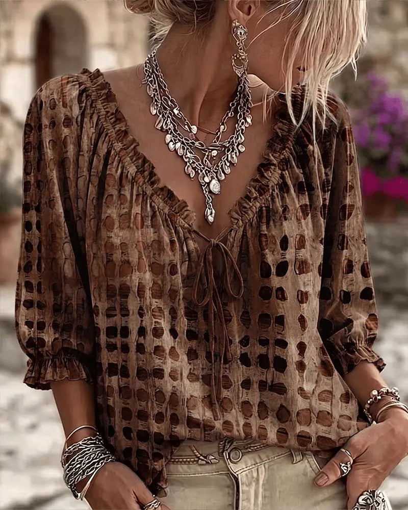 Paige | Polka Dot Blouse with Adjustable V-Neck and 3/4 Sleeves