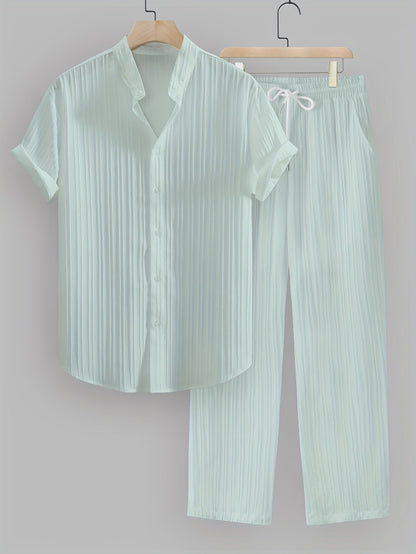 Kavaroq™ Men's Summer Set with Mao Collar Shirt and Drawstring Pants