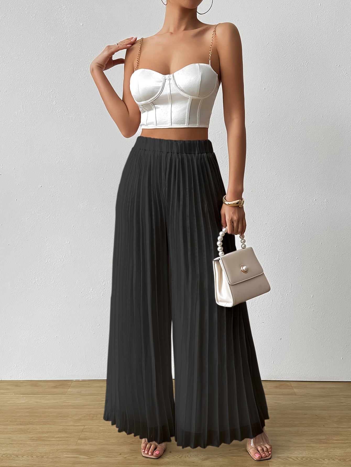 Uliquin | Wide Leg Pleated Trousers with Elastic Waist and Elegant Fall