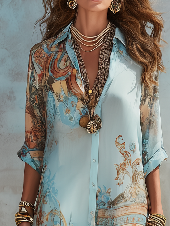 Bellune™ Blue Chiffon Maxi Dress in Baroque Style with Flowers