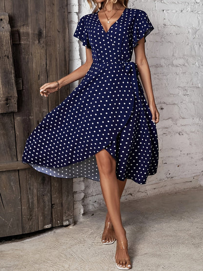 Tiffany | Elegant Polka Dot Dress for Women with Short Sleeves and Side Slit