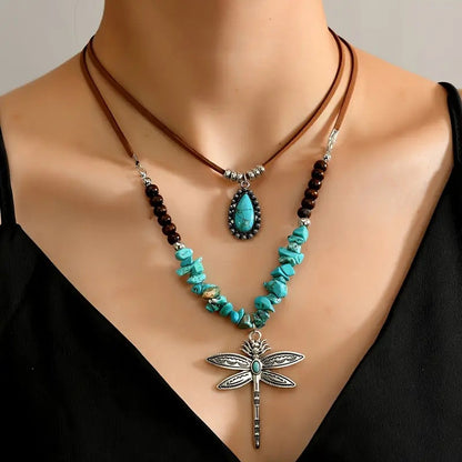 Ottiliea | Set of 2 Necklaces with Dragonfly, Irregular Stones and Bohemian Style Beads