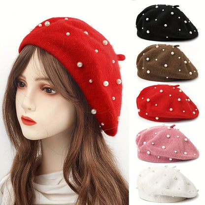 Zoey | Warm Beret with Decorative Pearls and Elegant Style
