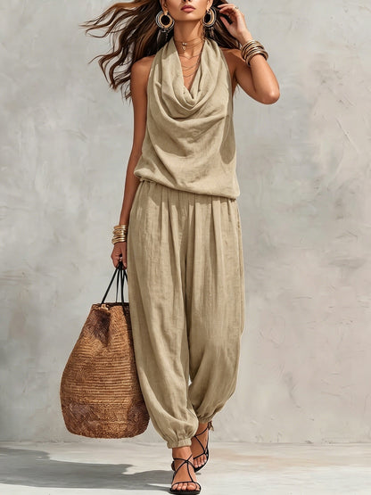 Allegra | Halter Neck Top and Wide Leg Pant Set with Linen Texture