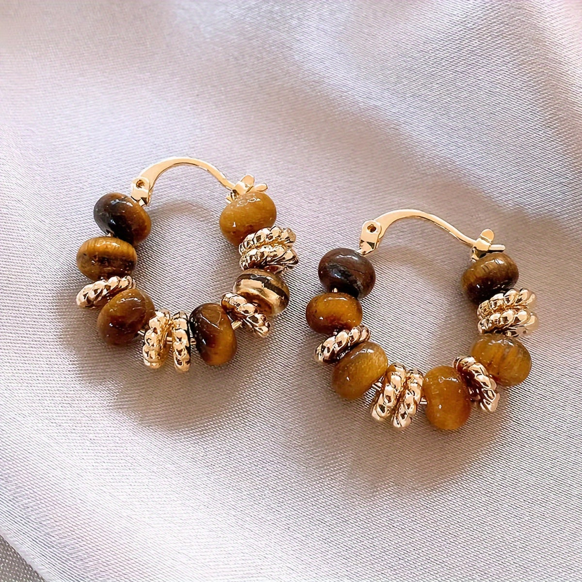 Piper | Hoop Earrings with Tiger Eye Beads and Vintage Style