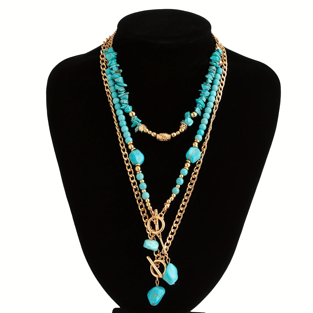 Evelise | A set of three stacked bohemian turquoise bead necklaces for women