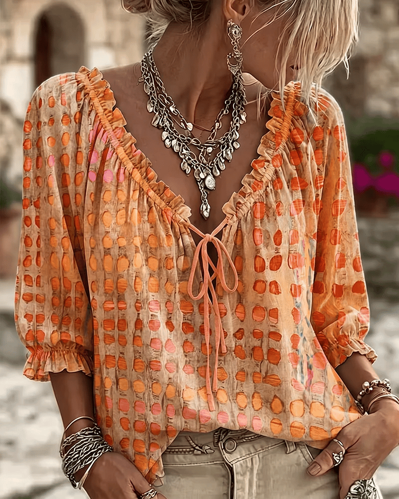 Paige | Polka Dot Blouse with Adjustable V-Neck and 3/4 Sleeves