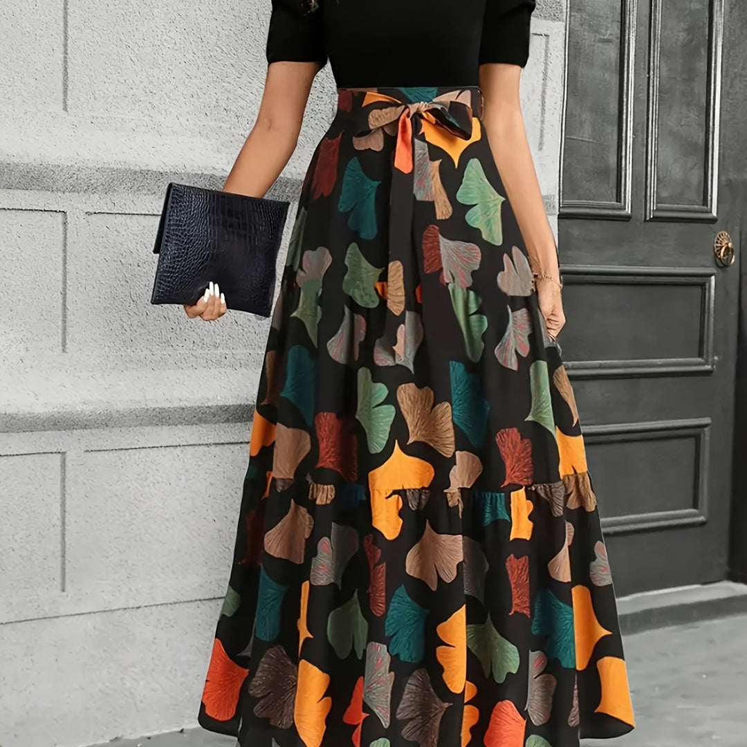 Vanya™ Elegant Midi Dress with Geometric Print and Puff Sleeves