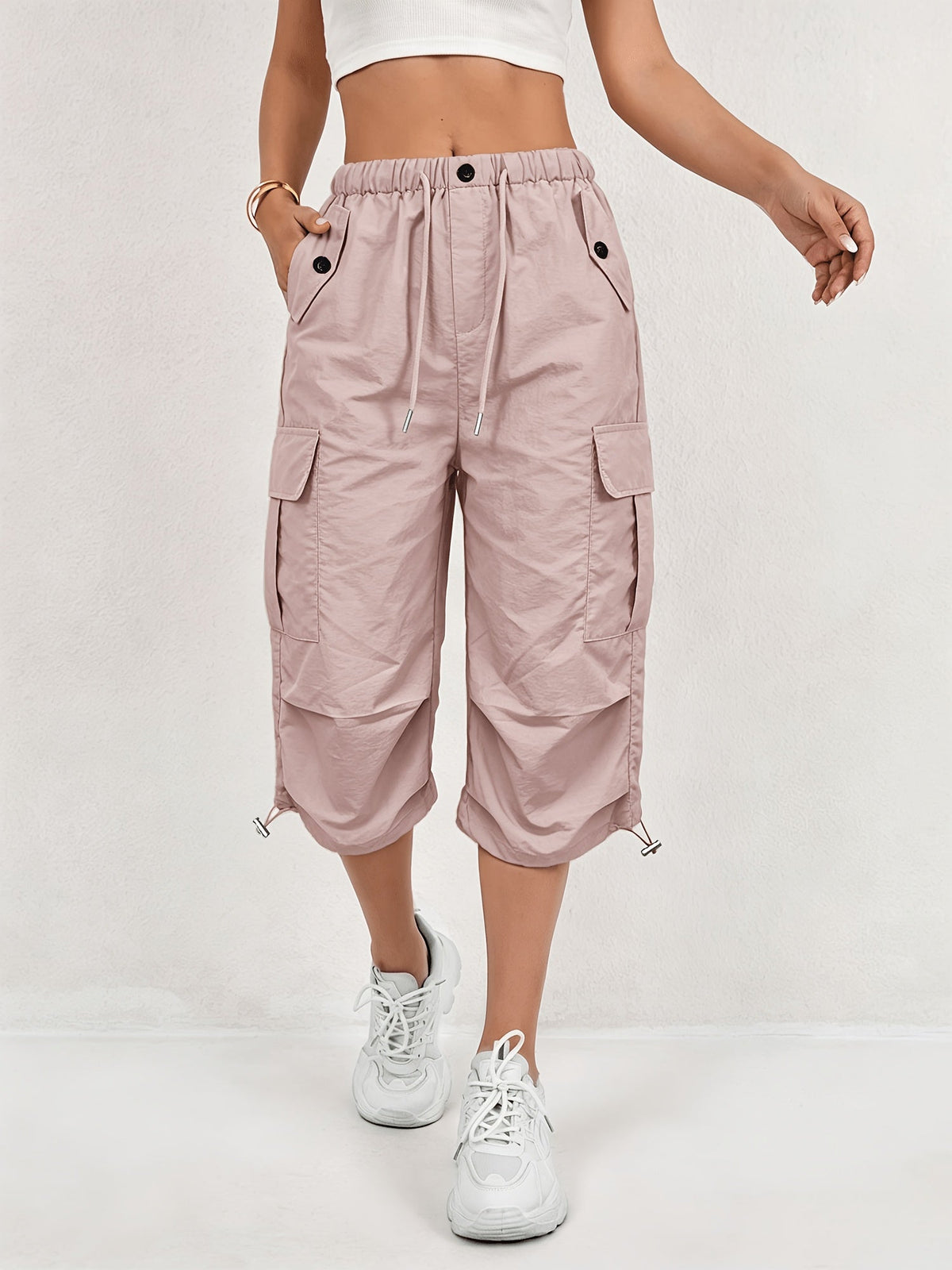Mireille | Women's Quick-Dry Cargo Capri Pants with Elastic Waist and Drawstring - Lightweight and Stretchy, Suitable for - Outdoor Pants, Multi-Pants, Machine Washable, Loose Fit Mid-Length for, Travel, Casual Wear