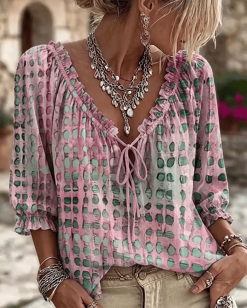Paige | Polka Dot Blouse with Adjustable V-Neck and 3/4 Sleeves