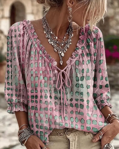 Paige | Polka Dot Blouse with Adjustable V-Neck and 3/4 Sleeves