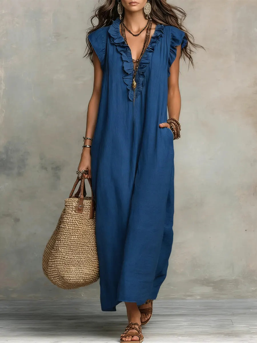 Hadira™ Casual Cotton and Linen Dress with Ruffles and Artistic Style