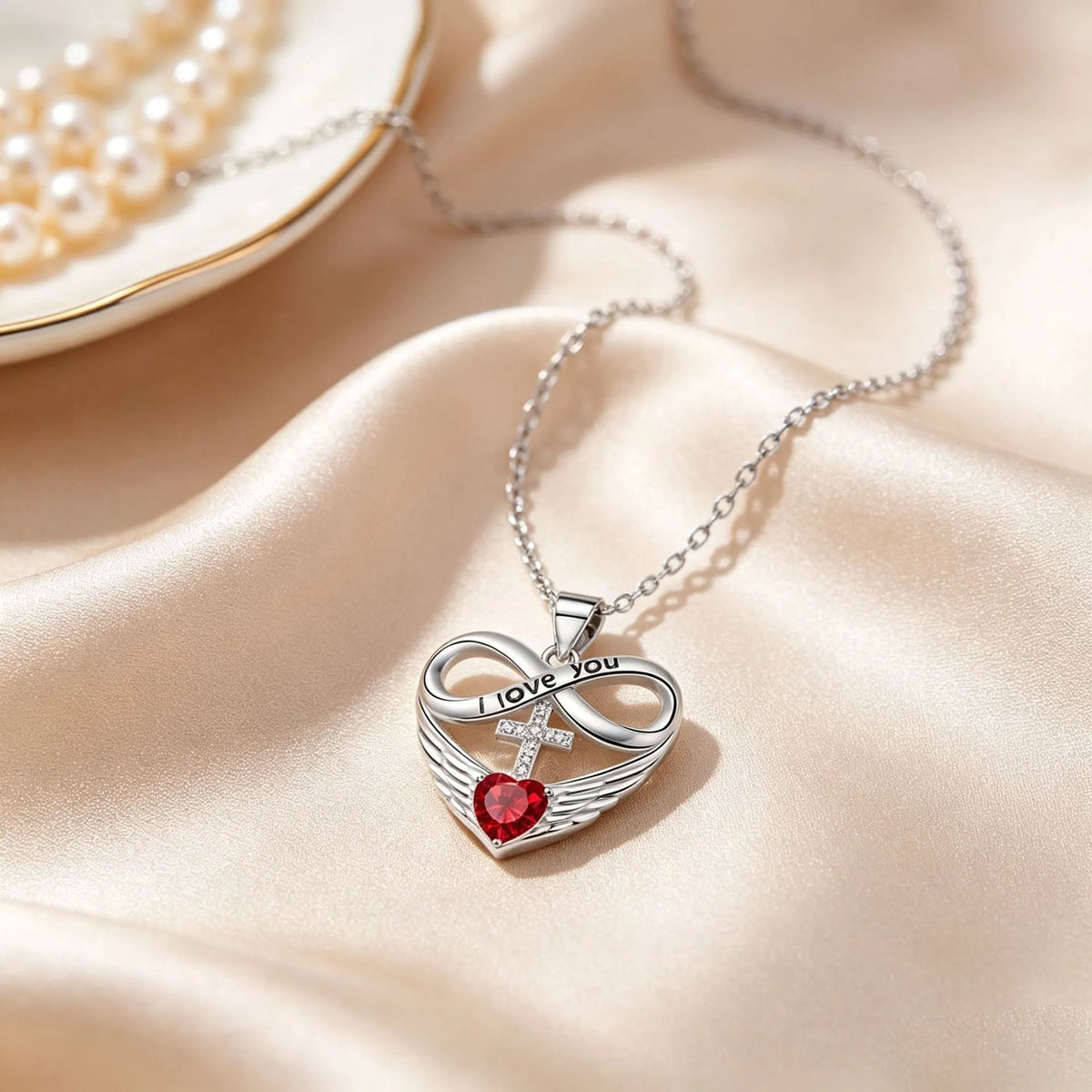 Valencia | Red Heart Necklace with Angel Wings and Cross