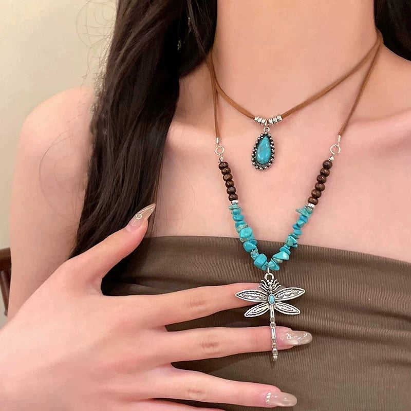 Ottiliea | Set of 2 Necklaces with Dragonfly, Irregular Stones and Bohemian Style Beads