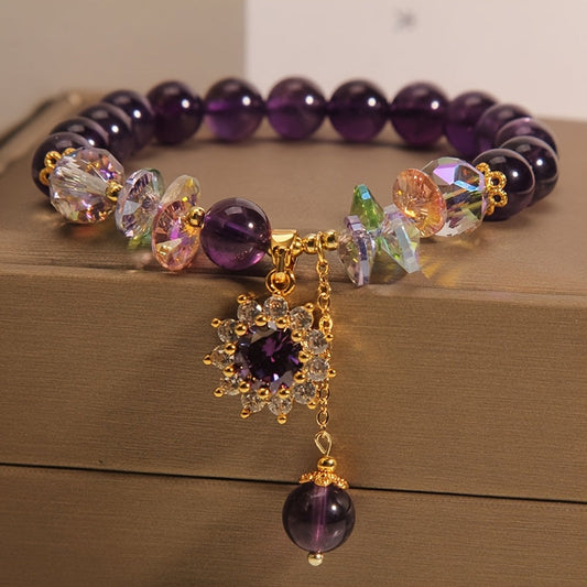 Winter | Purple Beaded Bracelet with Shiny Crystal Pendant