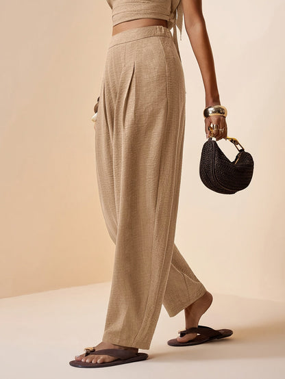 Droveaux | Elegant Straight Leg Pants with Elastic Waist and Pleats