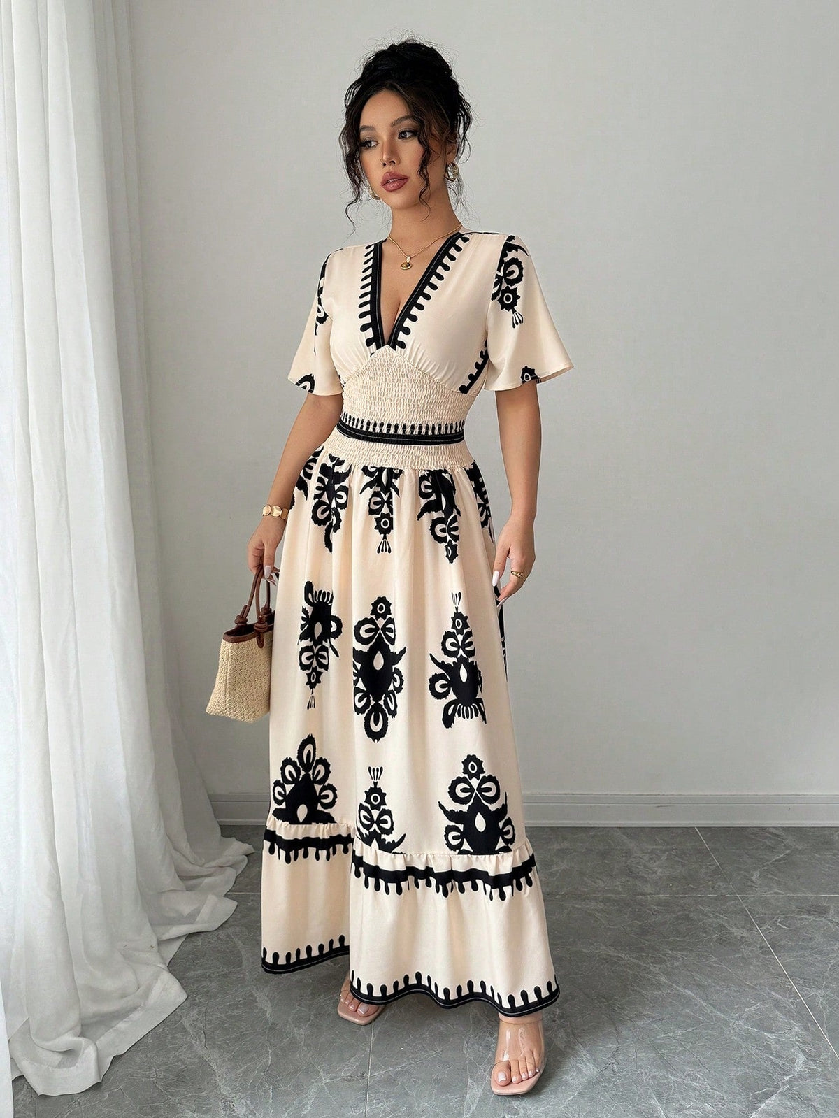 Grace | Vintage Summer Maxi A-Line Dress for Women with Print and V-Neck