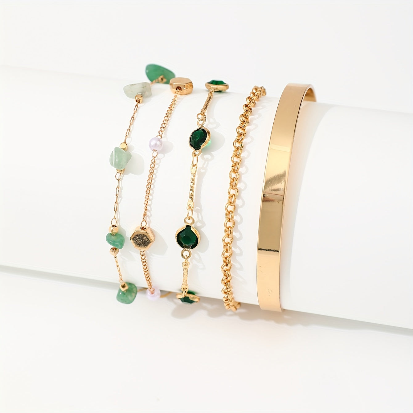Aethique | Set of 5 Bohemian Bracelets with Green Stones and Vintage Details