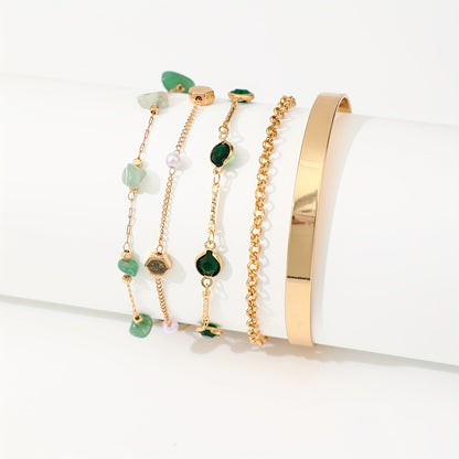 Aethique | Set of 5 Bohemian Bracelets with Green Stones and Vintage Details