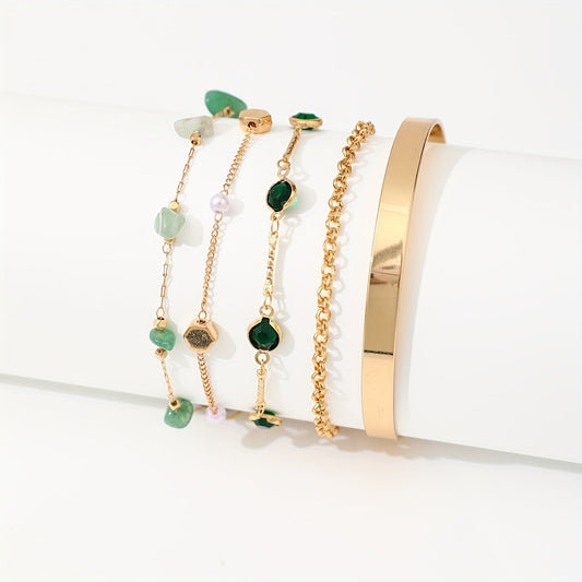 Aethique | Set of 5 Bohemian Bracelets with Green Stones and Vintage Details