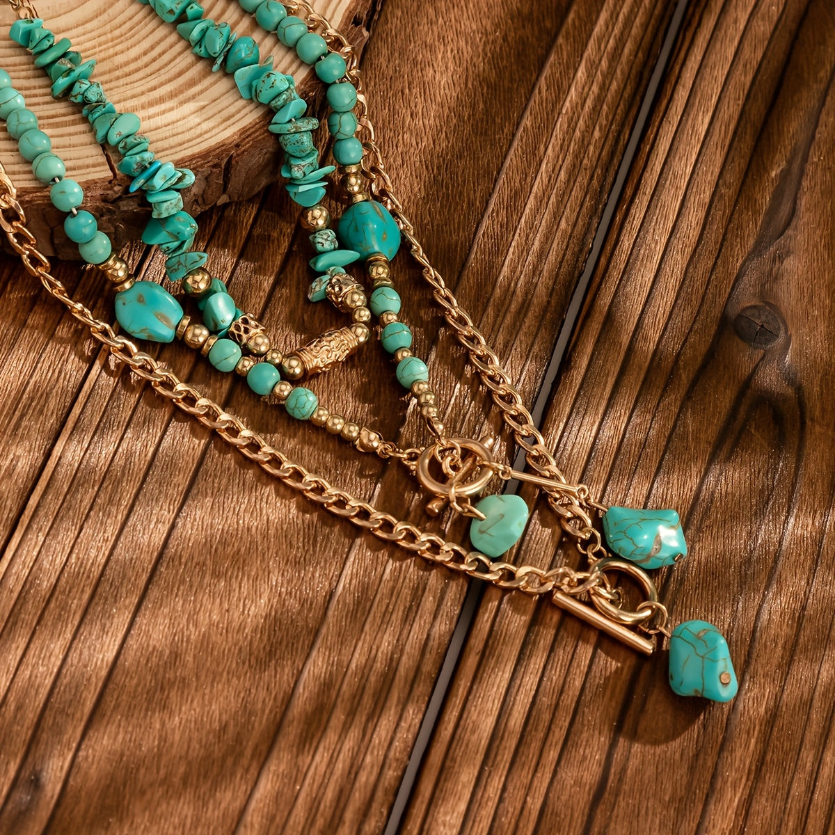 Evelise | A set of three stacked bohemian turquoise bead necklaces for women