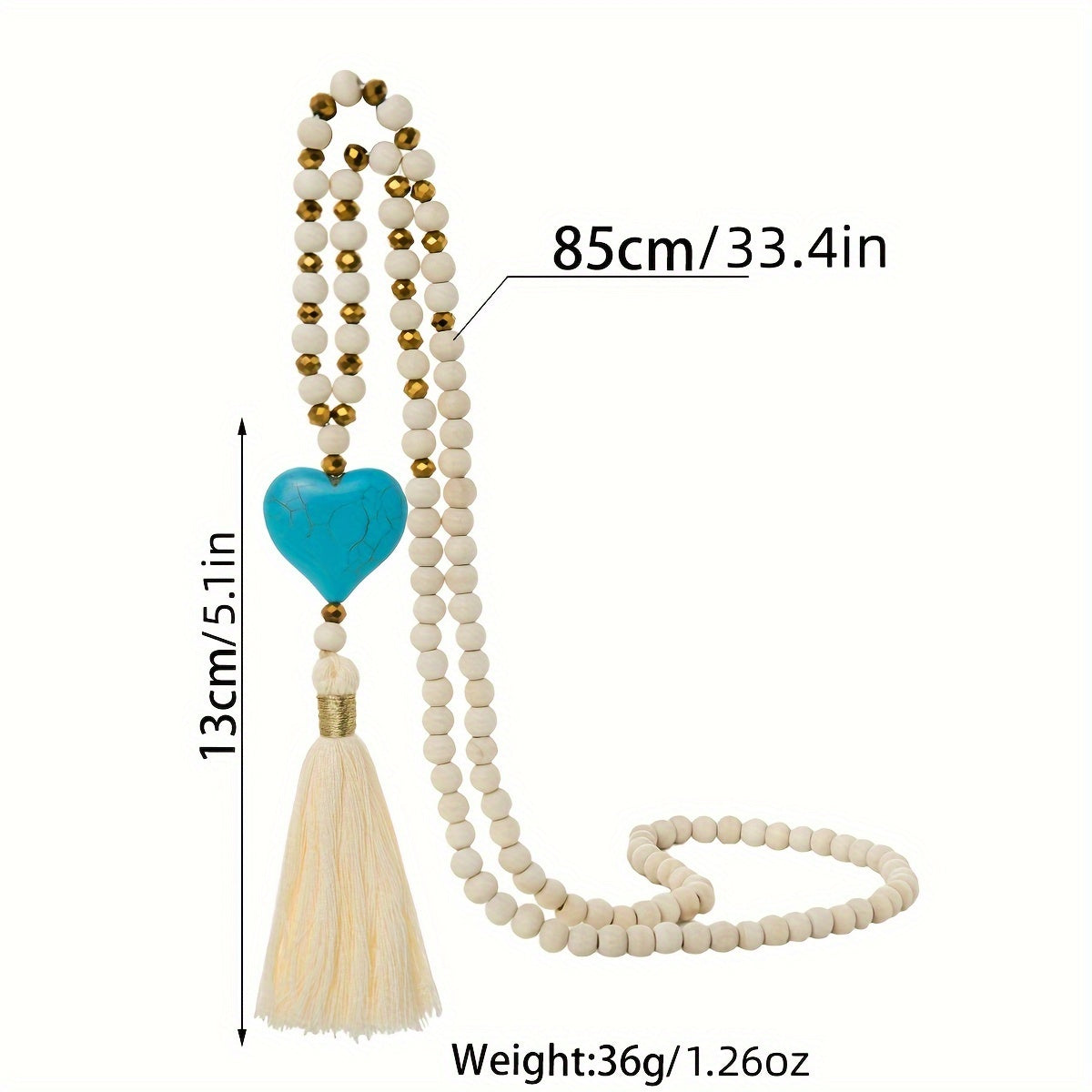 Esther | Long Y-Shaped Necklace with Turquoise Heart, Wooden Beads, and Bohemian Tassel