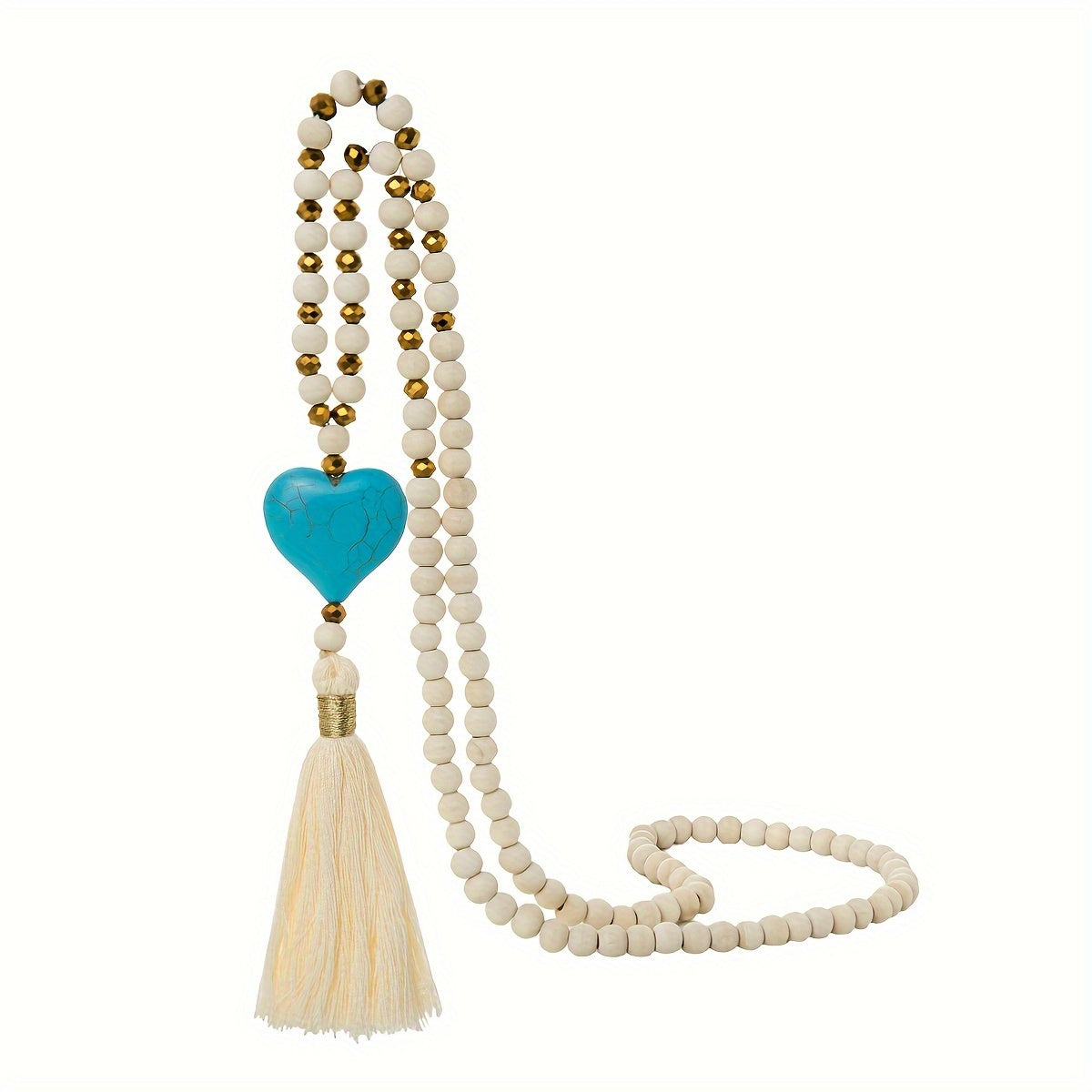 Esther | Long Y-Shaped Necklace with Turquoise Heart, Wooden Beads, and Bohemian Tassel