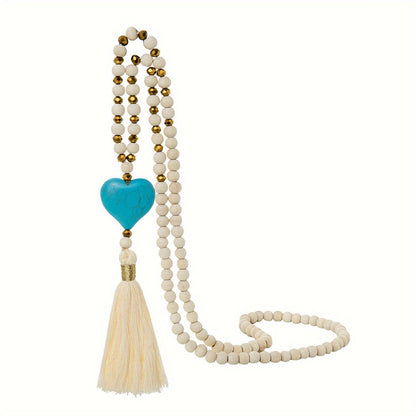Esther | Long Y-Shaped Necklace with Turquoise Heart, Wooden Beads, and Bohemian Tassel