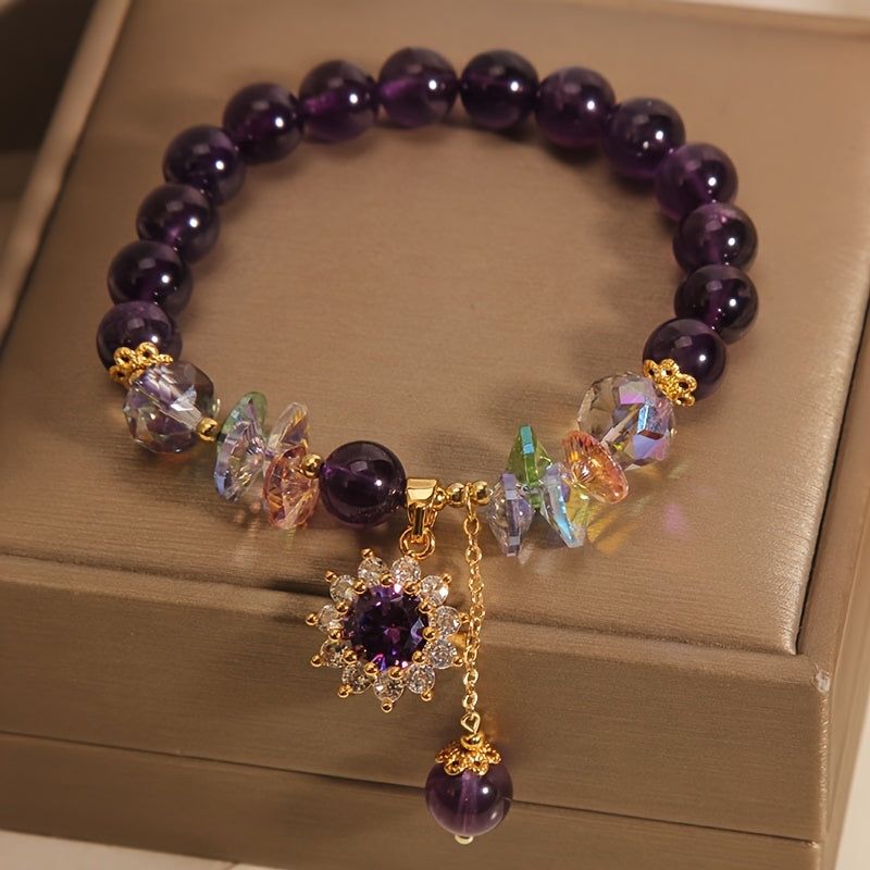 Winter | Purple Beaded Bracelet with Shiny Crystal Pendant