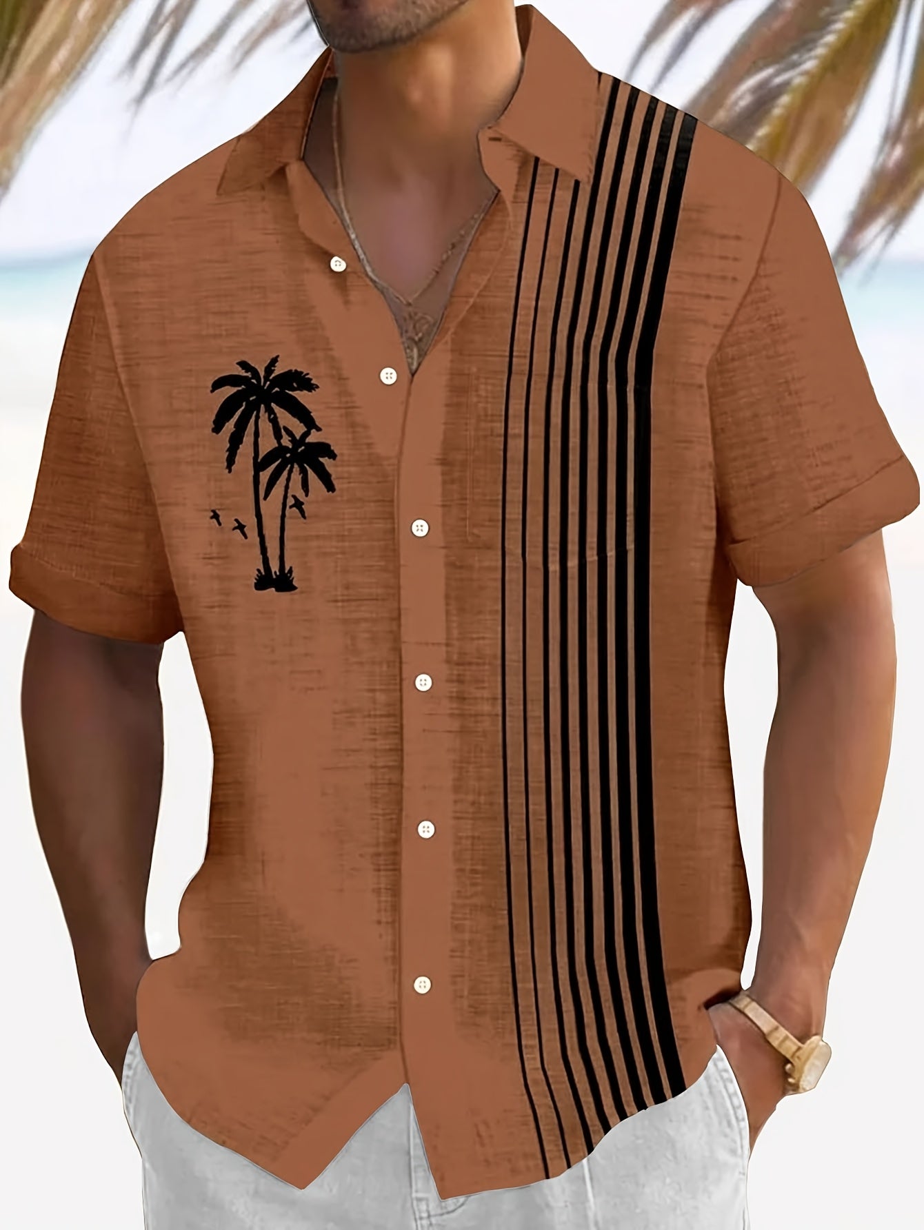Javroni™ Men's Tropical Shirt with Palm and Stripe Print