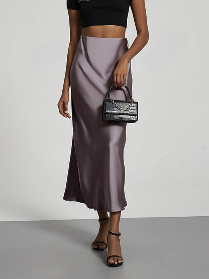 Greya | Satin Midi Skirt with High Waist and Elegant Fall