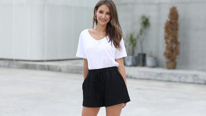 Samantha | Women's Comfortable Fashion Shorts, Solid Color, Loose Fit, with Elastic Waistband and Drawstring