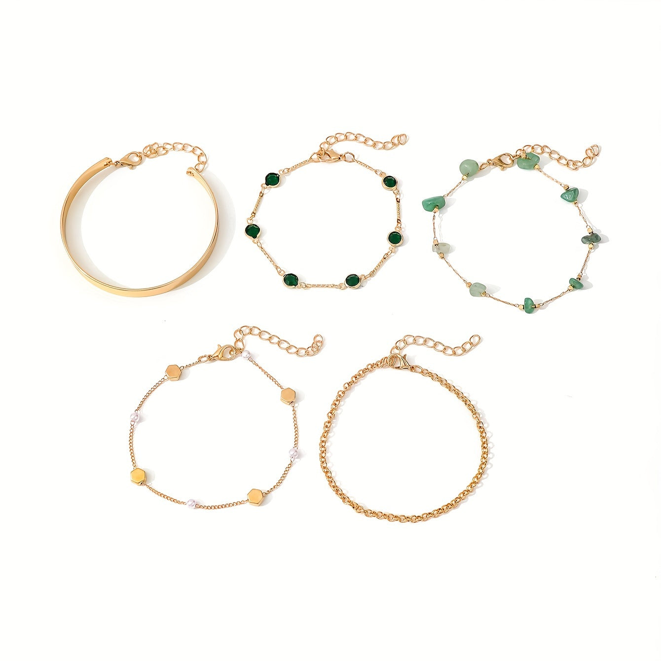 Aethique | Set of 5 Bohemian Bracelets with Green Stones and Vintage Details