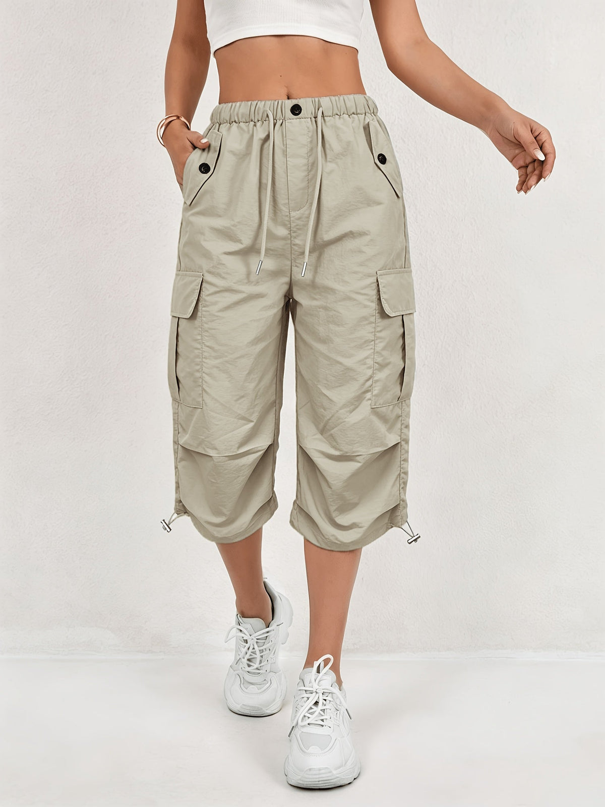 Mireille | Women's Quick-Dry Cargo Capri Pants with Elastic Waist and Drawstring - Lightweight and Stretchy, Suitable for - Outdoor Pants, Multi-Pants, Machine Washable, Loose Fit Mid-Length for, Travel, Casual Wear